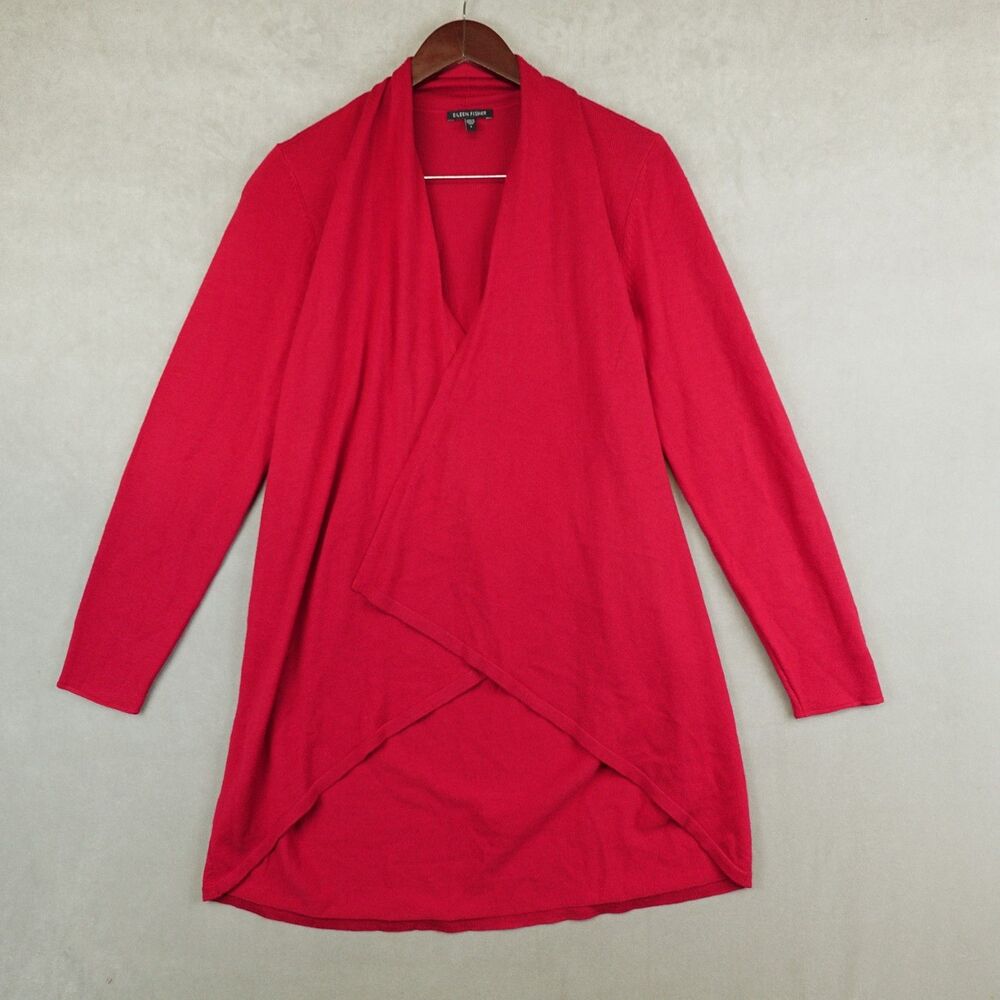 Eileen Fisher Cardigan Duster 100% Merino Wool Red Size Small Minimalist